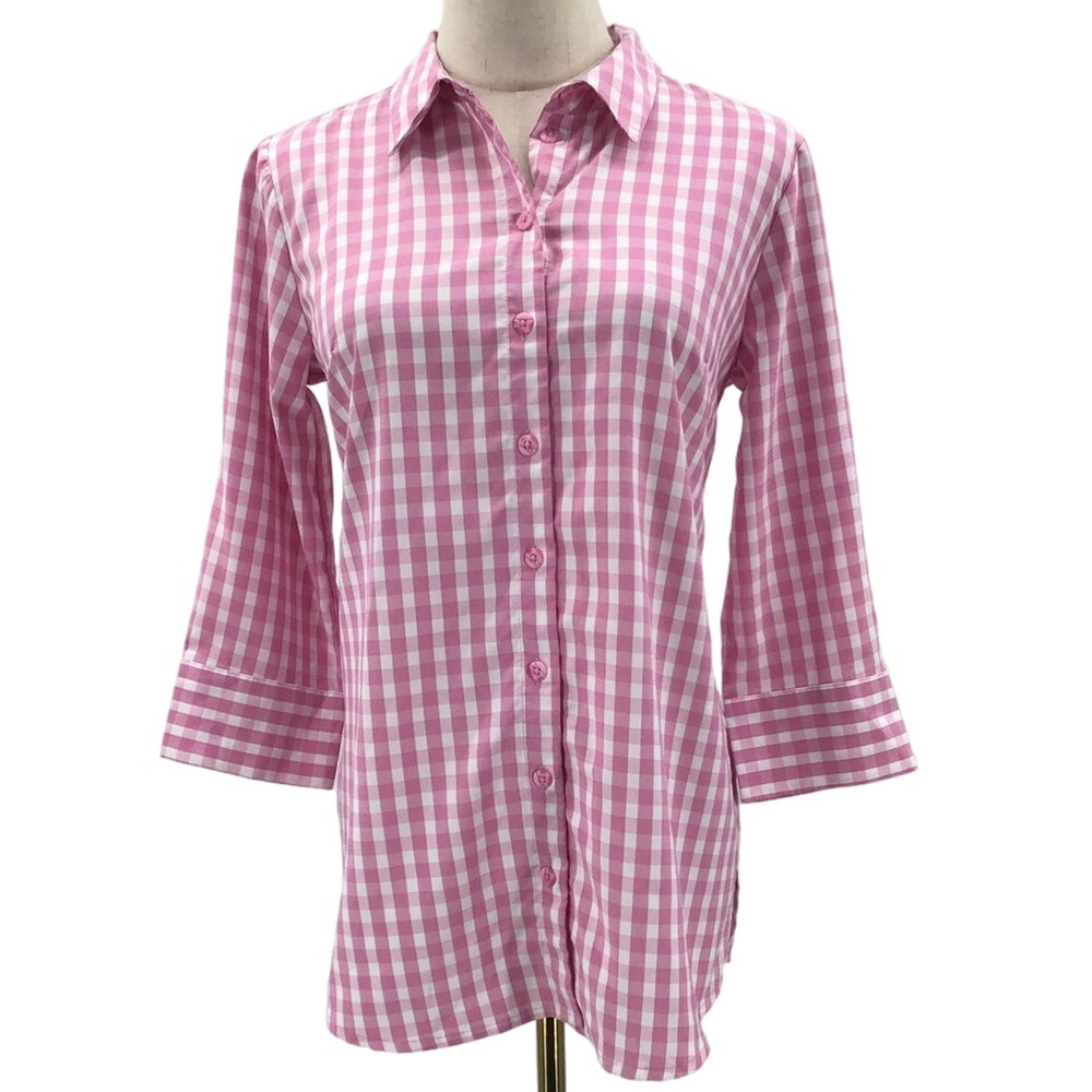 JOAN RIVERS SZ 2 XS Pink Gingham 3/4 Sleeve Collar Button-Up Top Blouse NEW b43